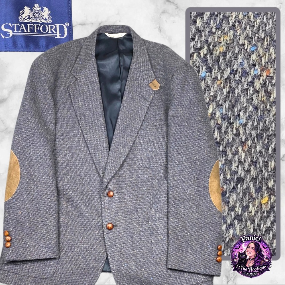 Stafford Blazer Mens 48R Grey Lambswool Donegal Flecked Tweed Elbow Patches USA